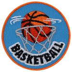 An orange basketball in a blue net above the word Basketball.