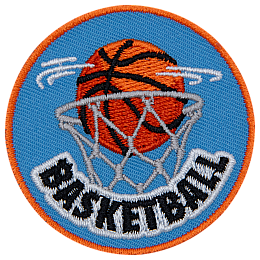 An orange basketball in a blue net above the word Basketball.