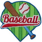 A baseball and a bat are under the word Baseball on top of a baseball field.