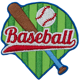 A baseball and a bat are under the word Baseball on top of a baseball field.
