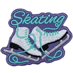 Two white figure skates are underneath the word Skating in cyan.