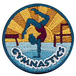 A gymnast in a pink leotard poses above the word Gymnastics.