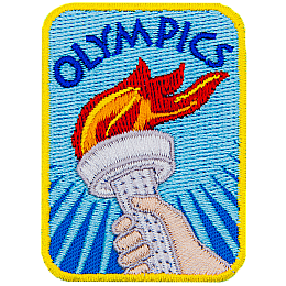 A hand holds a torch below the word Olympic.