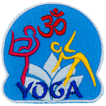 Three figures doing yoga are around the word Yoga and a white lotus.