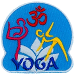 Three figures doing yoga are around the word Yoga and a white lotus.