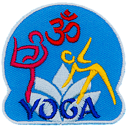 Three figures doing yoga are around the word Yoga and a white lotus.