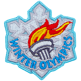 The lit Olympic torch sits on a white snowflake. Winter Olympics is embroidered at the bottom.