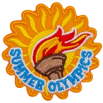 The lit Olympic torch sits in front of a blazing sun. Summer Olympics is embroidered at the bottom.