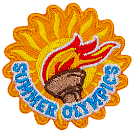 The lit Olympic torch sits in front of a blazing sun. Summer Olympics is embroidered at the bottom.