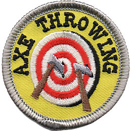 A yellow patch with a target on it that has two axes stuck into it. The words Axe Throwing.