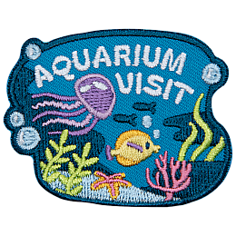 A jellyfish and a fish swim under the words Aquarium Visit.