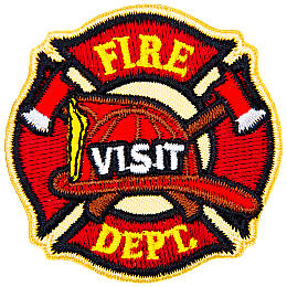 A fireman's hat sits on top of crossed axes, which itself is in front of the fire crest. The words Fire Visit Dept are down the middle.