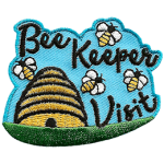 A bee hive sits on a grassy field. Four bees buzz around the words Bee Keeper Visit.