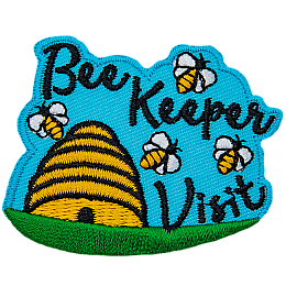A bee hive sits on a grassy field. Four bees buzz around the words Bee Keeper Visit.