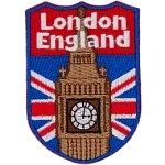 Big Ben in front of the Union Jack. The words London England are at the top.