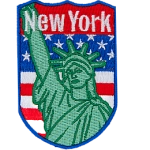 Lady Liberty is in front of the American flag with the words New York above her head.