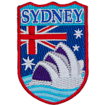 The word Sydney over the Union Jack and the Sydney opera house.