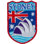 The word Sydney over the Union Jack and the Sydney opera house.