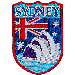 The word Sydney over the Union Jack and the Sydney opera house.