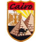The word Cairo above two pyramids and a camel.