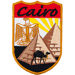 The word Cairo above two pyramids and a camel.