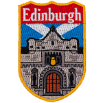 A large castle is in front of the Scottish Flag. The name Edinburgh is at the top of the shield-shaped patch.