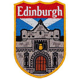 A large castle is in front of the Scottish Flag. The name Edinburgh is at the top of the shield-shaped patch.