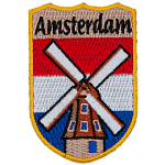 Amsterdam is embroidered at the top. An old-fashioned windmill is centred over top of the flag of the Netherlands.