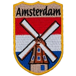 Amsterdam is embroidered at the top. An old-fashioned windmill is centred over top of the flag of the Netherlands.