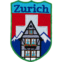 The name Zurich is above the swiss alps and the swiss flag. A chalet sits in the foreground.