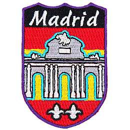 This shield-shaped patch has the city name Madrid at the top and the beautiful Puerta de Alcala below.