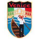 The word Venice is above a gondolier rowing toward the flag of Italy. 