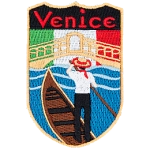 The word Venice is above a gondolier rowing toward the flag of Italy. 