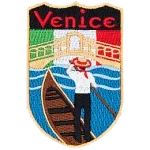 The word Venice is above a gondolier rowing toward the flag of Italy. 