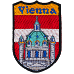 The name Vienna is above the church of Rektoratskirche St. Karl Borromaus, commonly called Karlskirche. In the background is the flag of Austria.