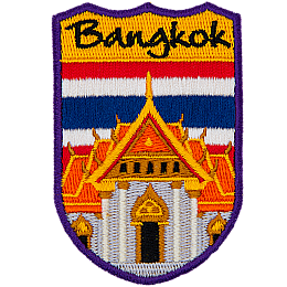 Bangkok is embroidered above an orange, Thai-style building. The flag of Thailand replaces the sky.