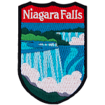 The words Niagara Falls are above the Niagra Falls in a simplified-realistic style. 