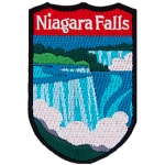 The words Niagara Falls are above the Niagra Falls in a simplified-realistic style. 