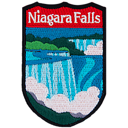 The words Niagara Falls are above the Niagra Falls in a simplified-realistic style.