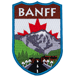 The name Banff is above a mountain landscape and road. The Canadian flag replaces the sky.