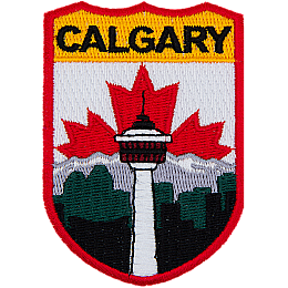 The name Calgary is at the top of the patch. The Calgary Tower is in the center in front of the mountains. The Canadian flag replaces the sky.
