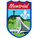 The Olympic Stadium of Montréal is in front of the flag of Montréal. The name Montréal is at the top.