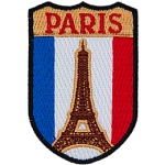 The Eiffel tower is in front of the flag of France. The name Paris is above it.