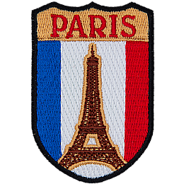 The Eiffel tower is in front of the flag of France. The name Paris is above it.