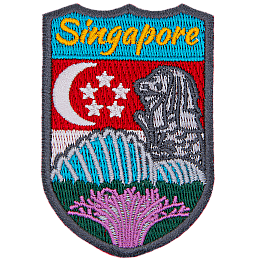 The word Singapore is above the Merlion, shells, and coral. The flag of Singapore replaces the sky.