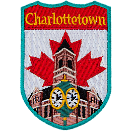 This shield-shaped crest has the text Charlottetown at the top. The iconic clock in front of Charlottetown city hall is displayed with the flag of Canada behind it.