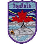 Iqaluit is stitched above St. Jude's Cathedral with Frobisher Bay and mountains in the background. A red maple leaf is in the sky in front of the northern lights.