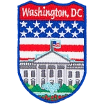 The white house is in front of the flag of America. The names Washington DC are at the top.