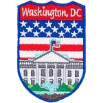 The white house is in front of the flag of America. The names Washington DC are at the top.