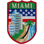 The word Miami is below a collection of symbols from Miami, such as a palm tree and a beach.